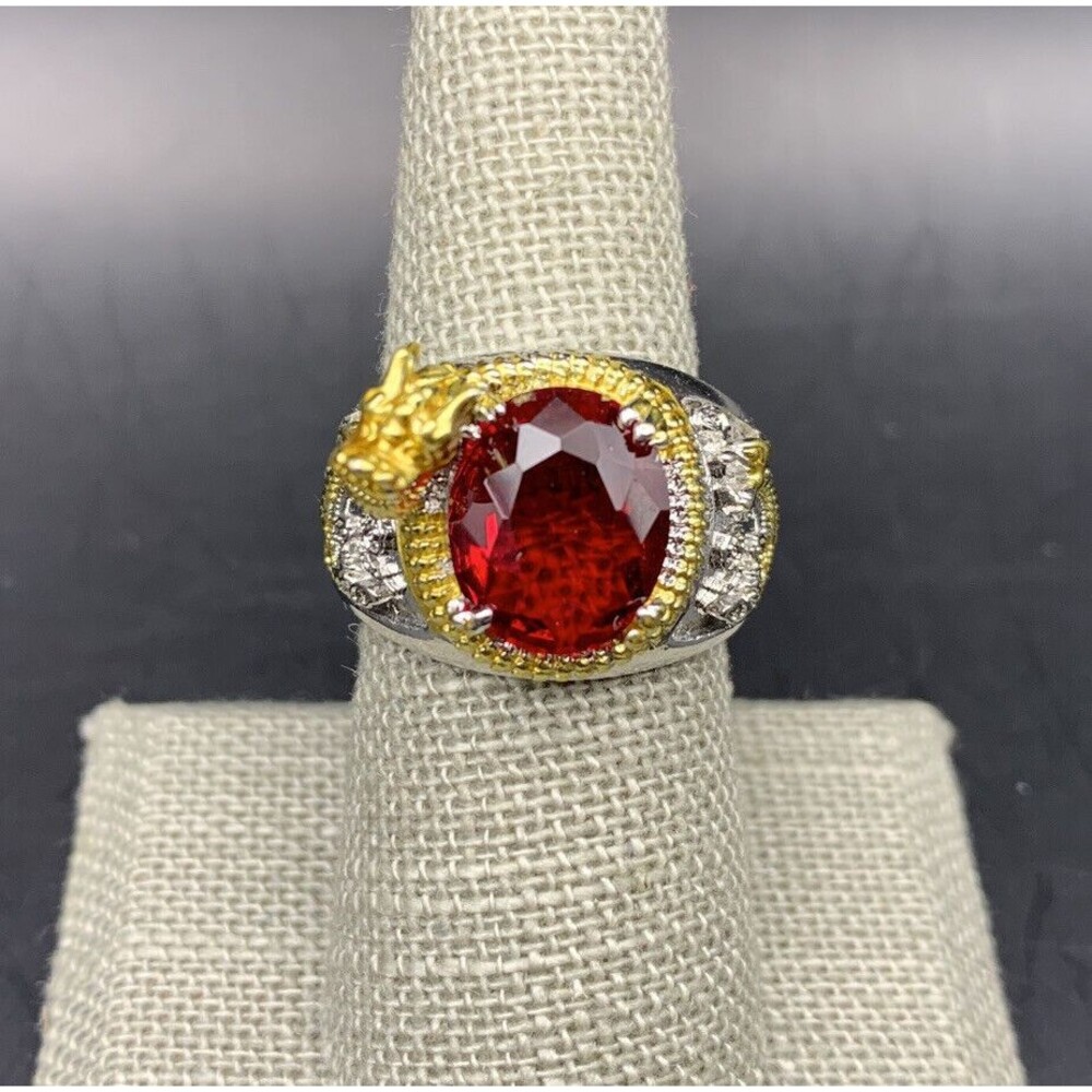 Dragon Ring Size 8 Two Tone Silver Gold Color Red Glass Stone Chunky Bold
